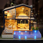 CUTEROOM Miniature House Kit, DIY Dollhouse Kit for Adults to Build, Mini House Making Kit with Furnitures, Time Apartment Dollhouse Kit with Swimming Pool Gifts for Women Girls