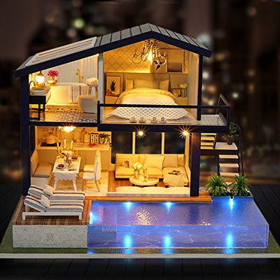 CUTEROOM Miniature House Kit, DIY Dollhouse Kit for Adults to Build, Mini House Making Kit with Furnitures, Time Apartment Dollhouse Kit with Swimming Pool Gifts for Women Girls