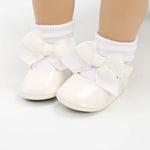 LAFEGEN Baby Girls Mary Jane Flats with Bownot Non Slip Soft Sole PU Leather Newborn Infant Toddler First Walker Cirb Dress Shoes, 0-6 Months Infant, 10 Ivory