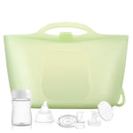 Green silicone bag with breast pump parts on a white background
