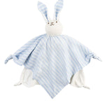 Blue and white striped bunny comfort blanket on a white background