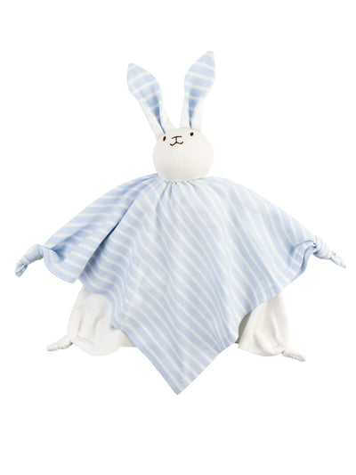 Blue and white striped bunny comfort blanket on a white background