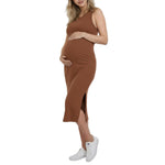 Motherhood Maternity Women's Sleeveless Racerback Rib Knit Midi Pregnancy Bodycon Dress, Mocha Mousse, Small