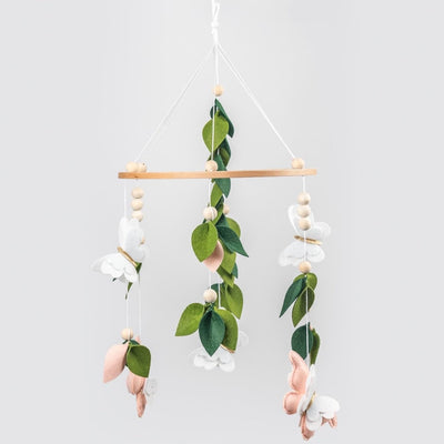 Butterfly Mobile for Crib - A Beautiful Butterfly Handmade Crib Mobile with Green Leaves, Pink, White and Gold Detail for a Nature or Wildflower Theme Nursery
