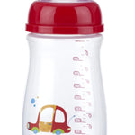 Baby bottle with red cap and car design on a white background