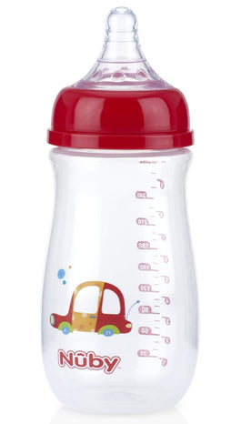 Baby bottle with red cap and car design on a white background
