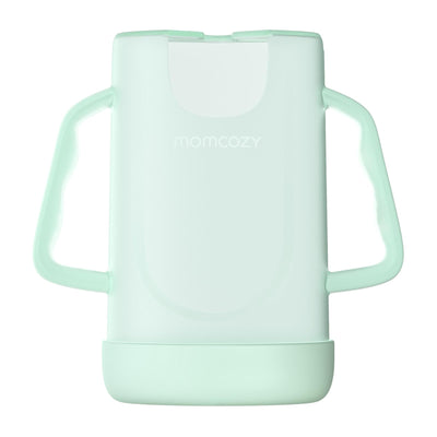 Light green baby bottle with handles on a white background