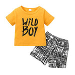 Kucnuzki Toddler Baby Boy Clothes Summer Outfits Short Sleeve Letters Printed Shirt Shorts Sets 2PC Little Boy Clothing (Yellow, 18-24 Months)