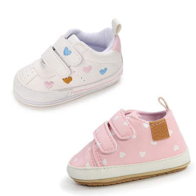 Clowora Baby Boys Girls Shoes Non-Slip Rubber Sole Sneakers Infant First Walking Toddler Crib Shoes Newborn Loafers Flats. (11/2 Pairs_Multi Color+Pink Heart,12-18 Months)