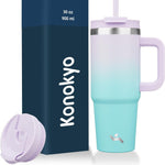 30 oz Tumbler with Handle and 2 Straws,2 in 1 Lid Insulated Water Bottle Stainless Steel Travel Coffee Mug,Blue Haze