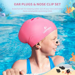 Kids Long Hair Swim Cap for Girls Boys, 3 Size Silicone Swimming Cap for Age 1-15 Toddler Children Teens, Waterproof Swim Hats Bathing Caps with Ear Plugs & Nose Clip to Keep Hair Dry(Age 3-8/Black)