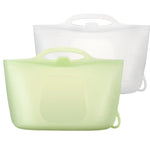 Two silicone bags, one green and one clear, on a white background.