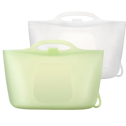 Two silicone bags, one green and one clear, on a white background.