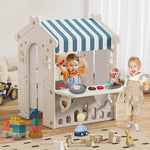 BIERUM Kids Playhouse with Cute Kids Pretend Play Kitchen Toys Set, Outdoor Playhouse for Toddlers Aged 1-3, with Windows, Door Curtains and Foldable Stand and Play Platform Blue