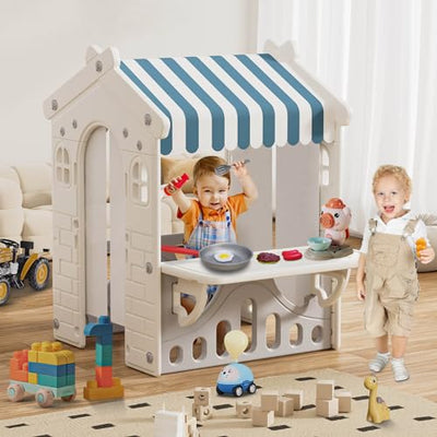 BIERUM Kids Playhouse with Cute Kids Pretend Play Kitchen Toys Set, Outdoor Playhouse for Toddlers Aged 1-3, with Windows, Door Curtains and Foldable Stand and Play Platform Blue