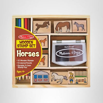 Melissa & Doug Wooden Stamp Activity Set: Horse Stable - 10 Stamps, 5 Colored Pencils, 2-Color Stamp Pad