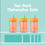 Owala Kids Insulation BPA-Free Plastic Tumbler with Spill Resistant Flexible Straw, Easy to Clean, Kids Water Bottle, Great for Travel, Dishwasher Safe, 15 Oz, Orange and Peach (Watermelon)
