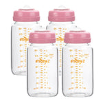 Matyz Glass Breastmilk Storage Containers, 4 Pack, 8 oz Bottle, Fit with Spectra Medela Philips Avent Pump - Wide Mouth Breastmilk Collection and Storage Bottle with Lids - No BPA (Pink Lids)