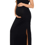 Smallshow Women's Split Long Maternity Dress Sleeveness Ruched Pregnancy Clothes Small Black