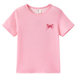 PATPAT Girls T Shirts Size 8-9 Years, Pink Bow Print Graphic Tees Crew Neck Short Sleeve Shirts Kawaii Clothes Big Sister Outfit Dance Tops