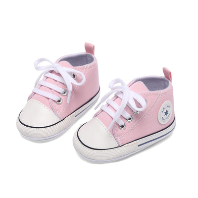 KKIIDDSS Unisex Baby Girls Boys Canvas High-top Shoes, Newborn Infant Anti-Slip Soft Sole Frist Walking Breathable Sneakers2 (A01/Little Pink Rubber Sole,6-12 Months)