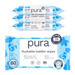 Multiple packages of pura flushable toddler wipes on a white background