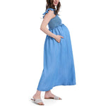 Motherhood Maternity Sleeveless Ruffle Shoulder Smocked Maxi Pregnancy Dress, Chambray, Medium