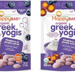 Two packages of Happy Baby organic Greek Yogis with blueberries and purple carrots on a white background.