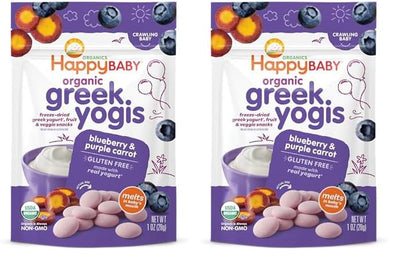 Two packages of Happy Baby organic Greek Yogis with blueberries and purple carrots on a white background.