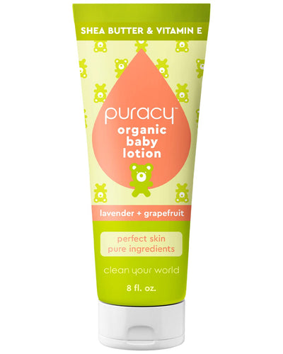 Puracy organic baby lotion tube with green and pink design on a white background