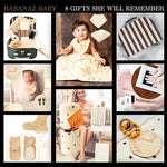 Baby Gift Set Boy or Girl - Baby Shower Basket Suitcase with Large Plush Blanket, Muslin Swaddle, Natural Teether, Wood Birth Record, Hand & Foot Print Kit, Nemo Socks, Baby Gift, Unisex Forest Green