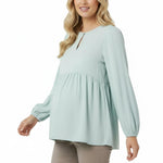 Motherhood Maternity Women’s Long Sleeve Empire Waist Keyhole Woven Pregnancy Blouse, Whispering Blue, Large