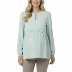 Motherhood Maternity Women’s Long Sleeve Empire Waist Keyhole Woven Pregnancy Blouse, Whispering Blue, Large