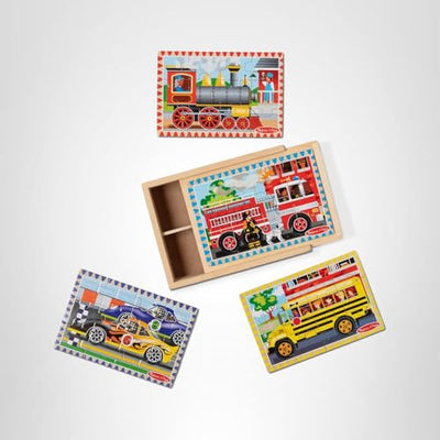 Melissa & Doug 4‑in‑1 Wooden Vehicle Jigsaw Puzzle Set, 48 Pieces with Storage Box, Toddler Puzzle Toy for Kids Ages 3+- FSC Certified
