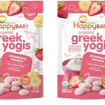 Two packages of Happy Baby organic Greek Yogis with strawberry and banana flavor on a white background.
