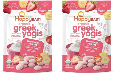 Two packages of Happy Baby organic Greek Yogis with strawberry and banana flavor on a white background.