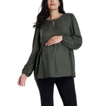 Motherhood Maternity Women’s Long Sleeve Empire Waist Keyhole Woven Pregnancy Blouse, Deep Depths, Small
