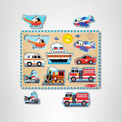 Melissa & Doug Vehicles Sound Puzzle - Wooden Peg Puzzle With Light-Activated Sound Effects (8 pcs) Puzzles for Toddlers, Wooden Puzzles For Kids Ages 2+