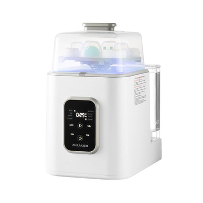 White humidifier with digital display on a white background