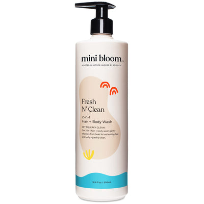 mini bloom Fresh N' Clean 2-in-1 Hair + Body Wash bottle on a white background