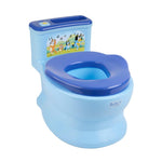 Blue children's potty seat with cartoon design on a white background