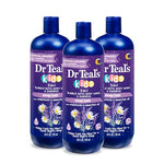 Three bottles of Dr. Teal's Kids 3-in-1 bubble bath, body wash, and shampoo on a white background.