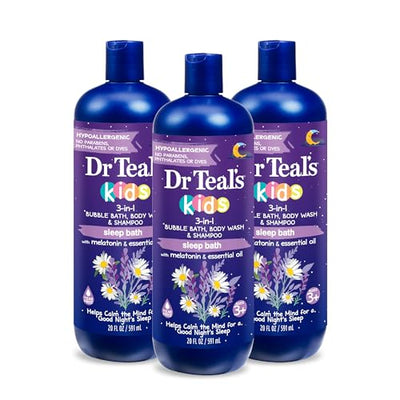 Three bottles of Dr. Teal's Kids 3-in-1 bubble bath, body wash, and shampoo on a white background.