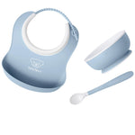 BabyBjörn Baby Feeding Set, 3 pcs, Powder Blue Includes Baby Plate, Baby Spoon, Dishwasher Safe Toddler Feeding Set for self-Feeding or Baby-led weaning