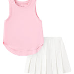 PATPAT Girls 2 Piece Tennis Skirt Set Size 8-9 Pink Tank Tops and White Skort Athletic Sets Sleeveless Tops + High Waisted Pleated Skort 2 Piece Outfits Little Girls Clothes Dance Outfits