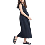 Motherhood Maternity Sleeveless Ruffle Shoulder Smocked Maxi Pregnancy Dress, Black, Large
