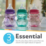 Nuby Wide Neck Non-Drip Bottle - Baby Bottles with Anti-Colic Vari-Flo Valve - (3-Pack) 8 Oz - 0+ Months - Aqua, Pink, Purple
