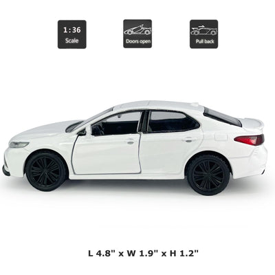 Camry XSE 2022 Model Car 1/36 Scale Diecast Toy Cars Metal Alloy Children’s Die-cast Vehicles, Pull Back Doors Open, Black Rim, Collection for Men, Kids Toys for Boys Gifts, White
