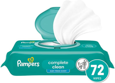 Pampers complete clean baby wipes packaging with 72 wipes count on a white background