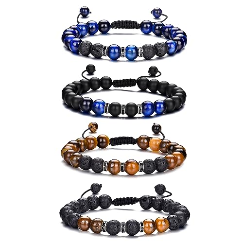 RANKEEF Tiger Eye Bracelet For Men 8MM Natural Stone Beads Bracelet Set Stretch Lava Rock Bracelets Adjustable Black Crystal Beaded Bracelet for Men Women Gifts